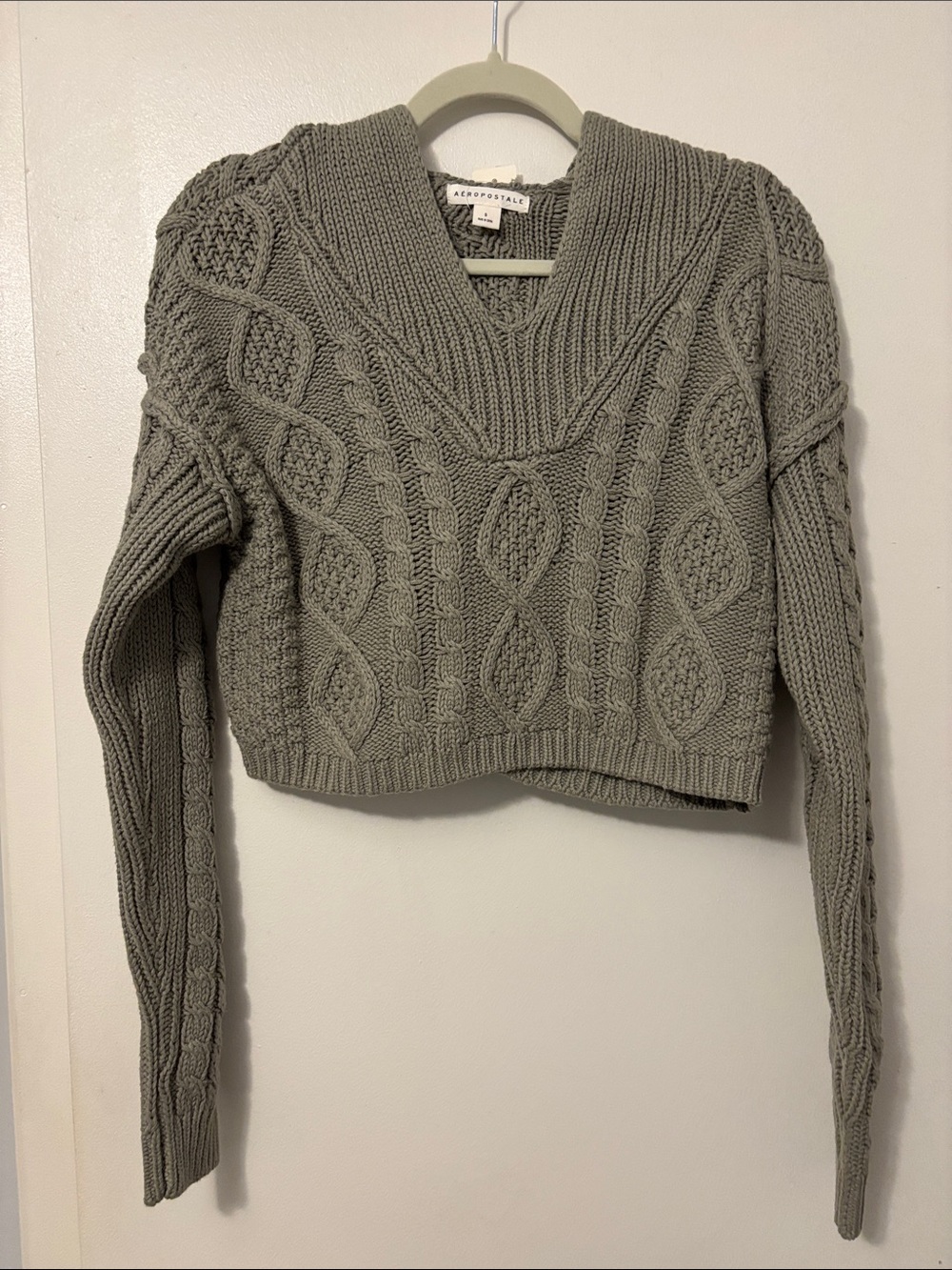 Aeropostale Olive Gray Cable V-Neck Cropped hooded Sweater